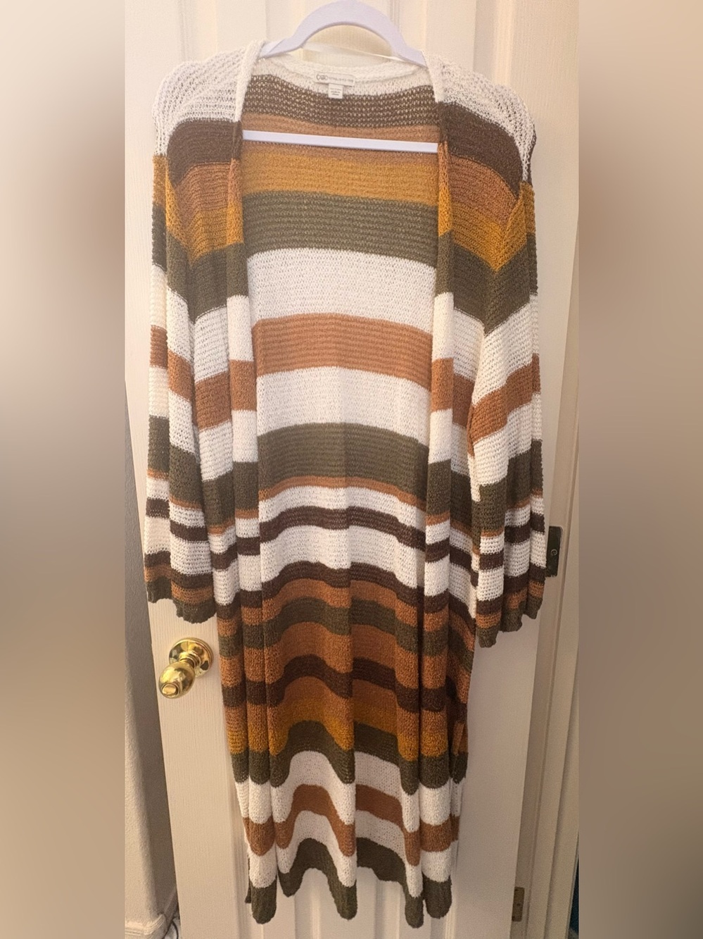 Cato Striped Open-Front Cardigan in White, Brown, Olive & Mustard